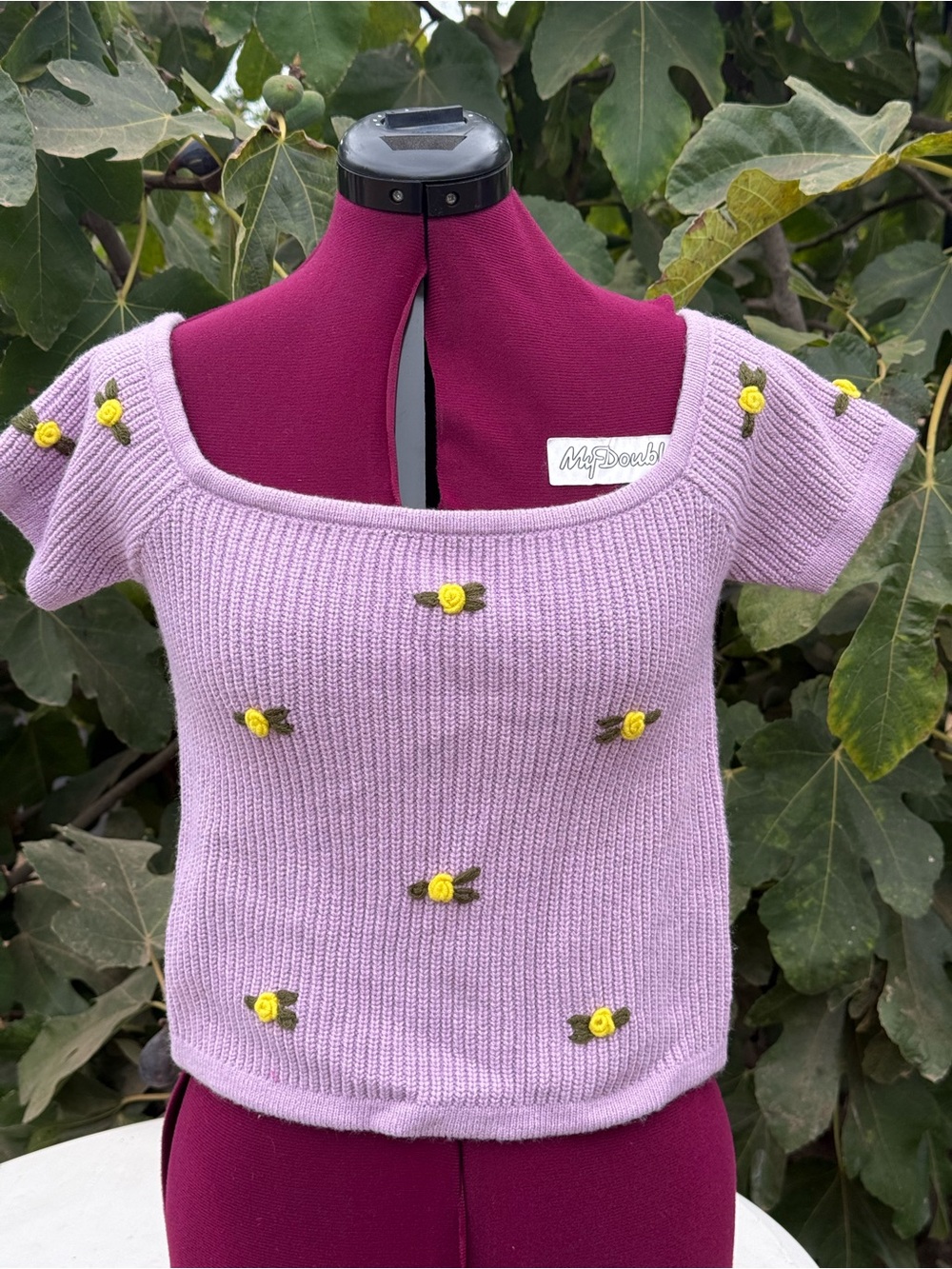 Forever 21 Lilac Knit Crop Top with Yellow Rose Appliqués